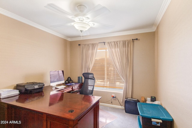 home office with light colored carpet, plenty of natural light, crown molding, and ceiling fan