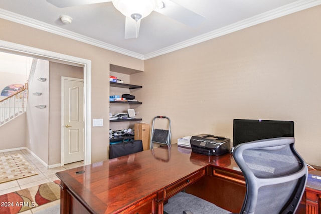 office with ornamental molding, light tile patterned floors, and ceiling fan