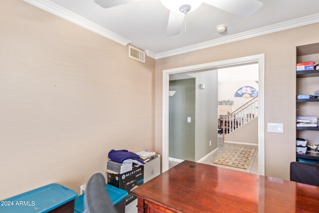 office area featuring ceiling fan, light tile patterned floors, and crown molding