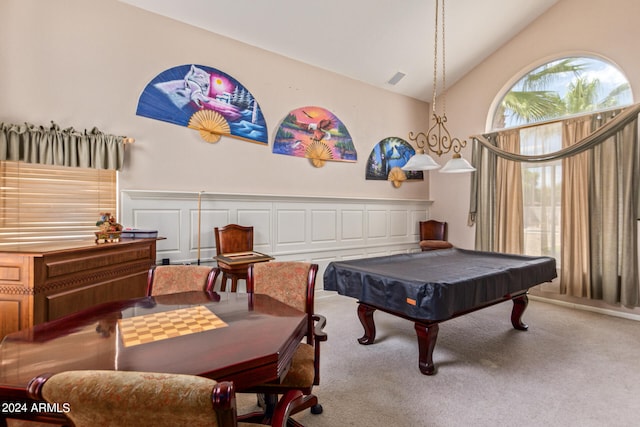 game room featuring carpet, pool table, and high vaulted ceiling