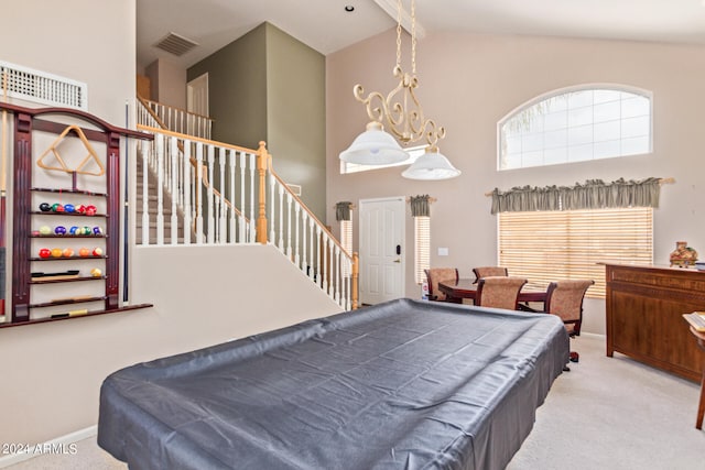 game room with carpet flooring, billiards, high vaulted ceiling, and beam ceiling