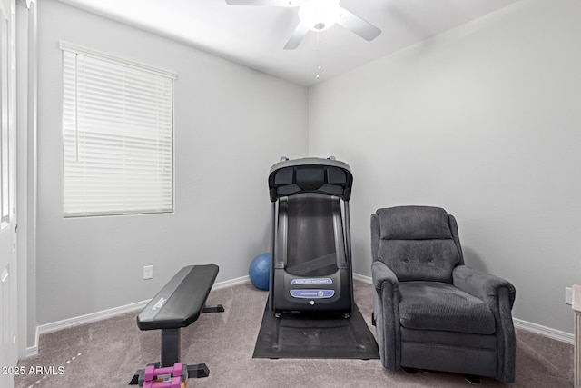 exercise room featuring baseboards, ceiling fan, and carpet flooring