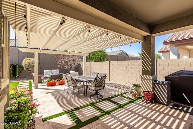 view of patio featuring area for grilling, outdoor dining space, a pergola, a fenced backyard, and outdoor lounge area