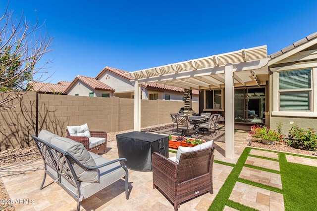 view of patio / terrace featuring an outdoor hangout area, a pergola, outdoor dining area, and fence