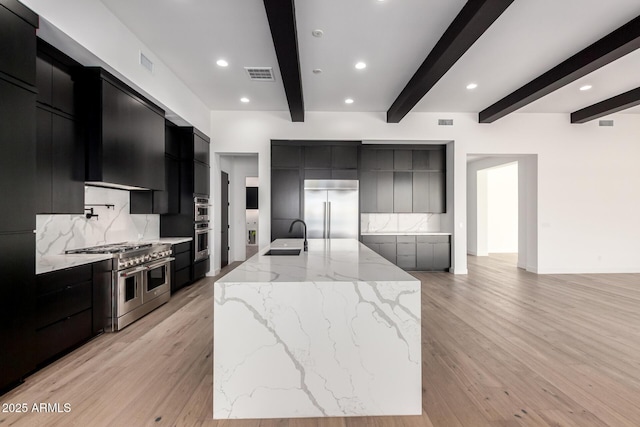 kitchen featuring visible vents, dark cabinets, premium appliances, modern cabinets, and a sink