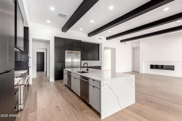 kitchen featuring premium appliances, a large island, a glass covered fireplace, modern cabinets, and a sink