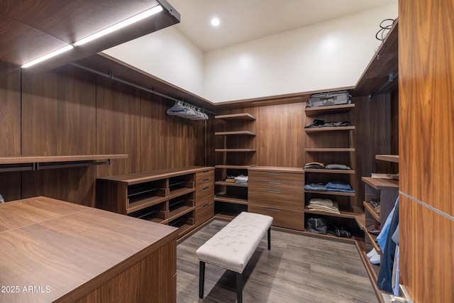 walk in closet with dark wood-style flooring