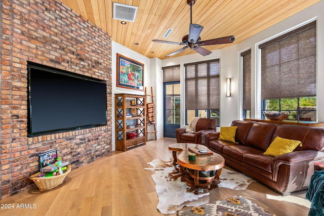 living room featuring plenty of natural light, wood ceiling, light wood-type flooring, and ceiling fan