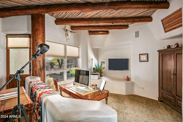 living room with wood ceiling and beamed ceiling