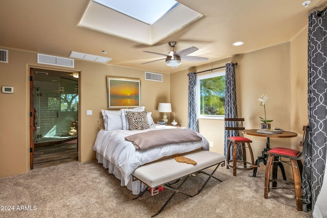 bedroom with light colored carpet and ceiling fan