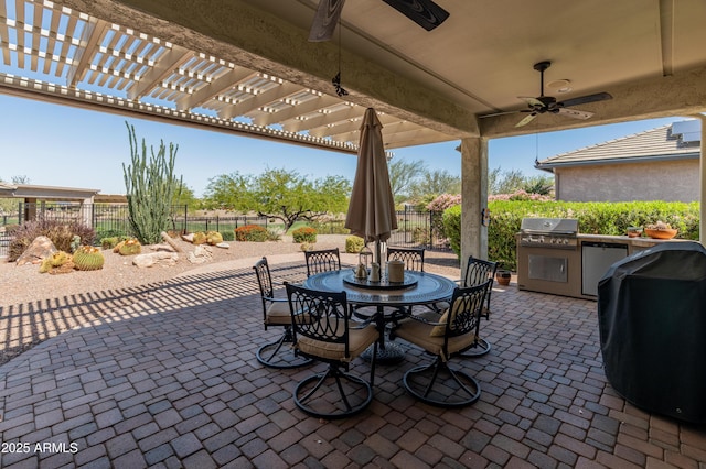 20506 N 271st Ave, Buckeye, AZ 85396 - view of patio featuring ceiling fan, fence, a pergola, outdoor dining space, and a grill