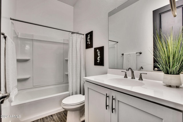 full bathroom featuring shower / bath combo, toilet, wood-type flooring, and vanity