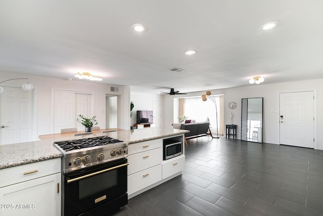 kitchen featuring light stone countertops, white cabinetry, ceiling fan, and stainless steel appliances