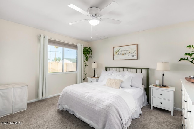 bedroom with light carpet and ceiling fan