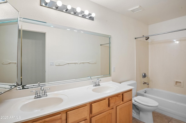 full bathroom featuring shower / bathtub combination, tile patterned floors, toilet, and vanity