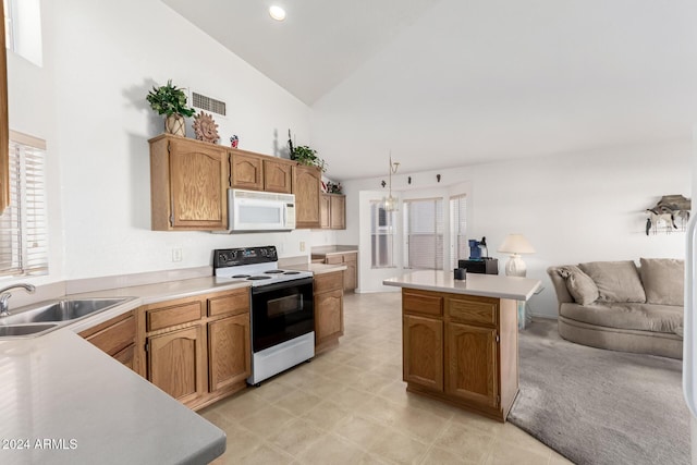 kitchen with sink, high vaulted ceiling, pendant lighting, and white appliances