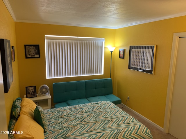 carpeted bedroom with crown molding