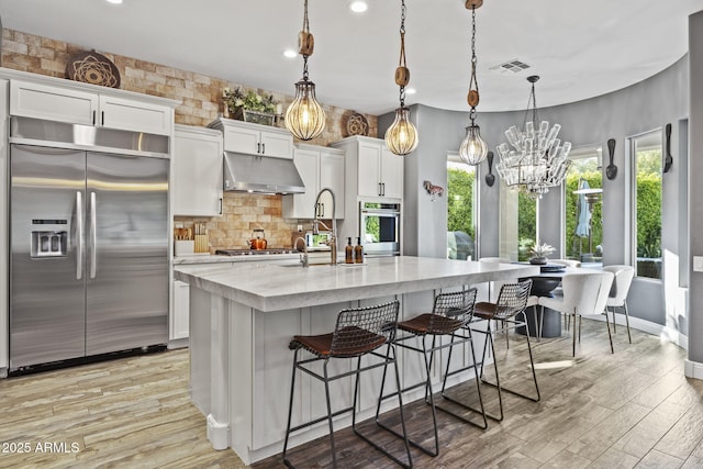 3770 E Ringtail Way, Phoenix, AZ 85050 - kitchen with stainless steel appliances, under cabinet range hood, light wood-style floors, recessed lighting, and white cabinetry