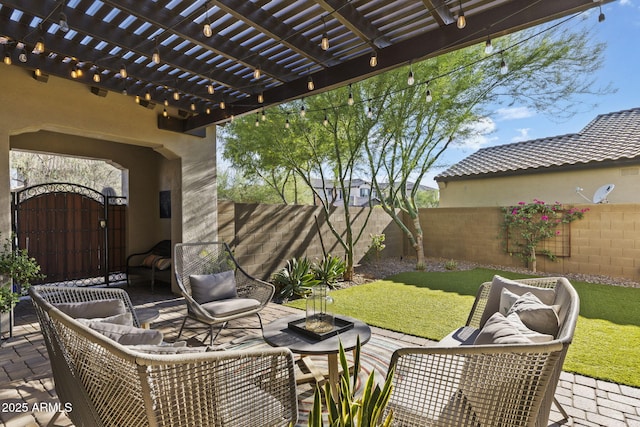 3770 E Ringtail Way, Phoenix, AZ 85050 - fenced backyard with an outdoor hangout area, a gate, a patio, and a pergola