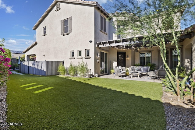 3770 E Ringtail Way, Phoenix, AZ 85050 - back of property featuring an outdoor hangout area, stucco siding, a patio, and a pergola