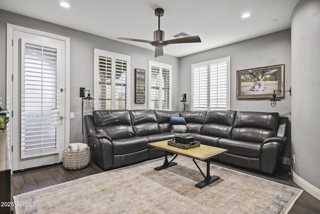 3770 E Ringtail Way, Phoenix, AZ 85050 - living room featuring wood finished floors, a ceiling fan, and recessed lighting