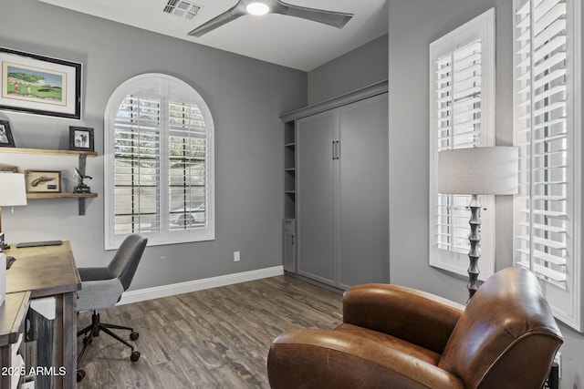 3770 E Ringtail Way, Phoenix, AZ 85050 - office area featuring ceiling fan and wood finished floors