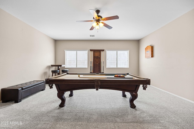3488 N Lady Lake Ln, Casa Grande, AZ 85122 - playroom with carpet, a ceiling fan, pool table, and baseboards
