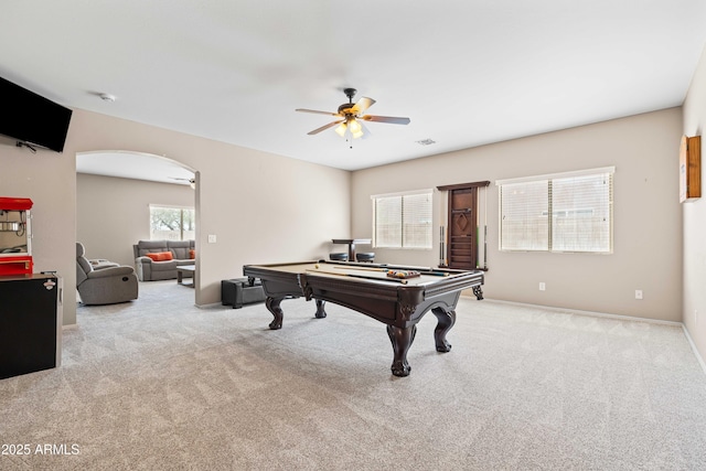 3488 N Lady Lake Ln, Casa Grande, AZ 85122 - playroom featuring ceiling fan, arched walkways, carpet, billiards table, and baseboards
