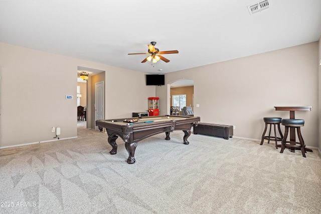 3488 N Lady Lake Ln, Casa Grande, AZ 85122 - playroom featuring billiards table, carpet, ceiling fan, and arched walkways