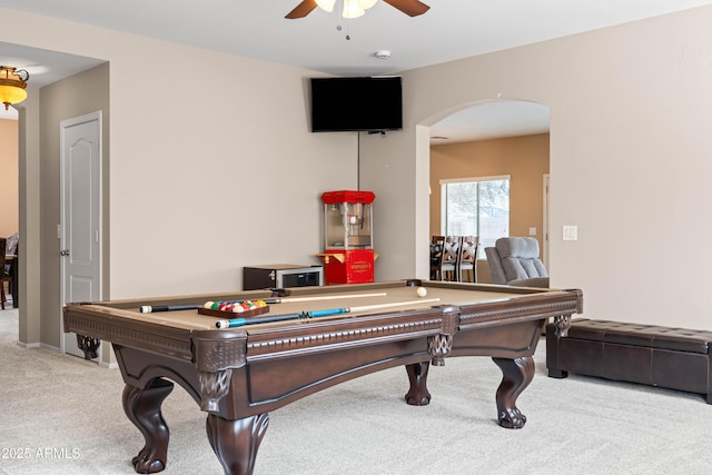 3488 N Lady Lake Ln, Casa Grande, AZ 85122 - recreation room featuring carpet, arched walkways, a ceiling fan, and pool table