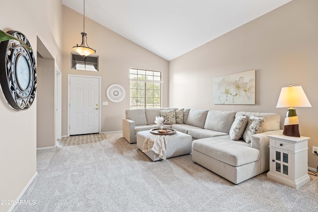 3488 N Lady Lake Ln, Casa Grande, AZ 85122 - living area with light carpet, baseboards, and high vaulted ceiling