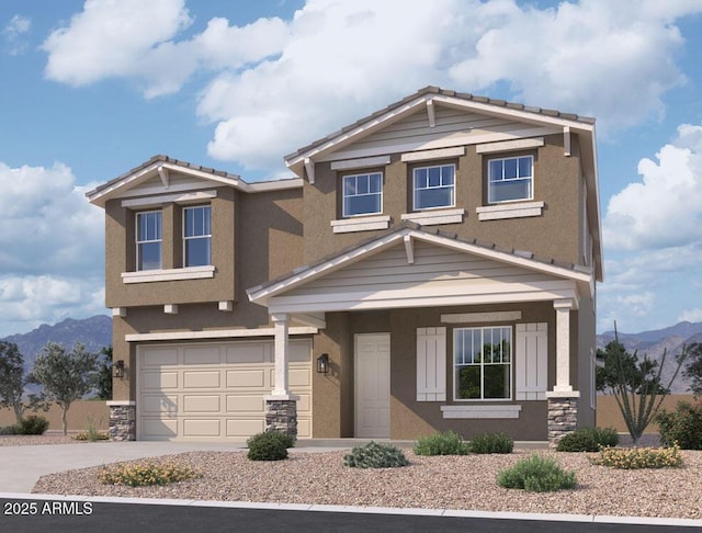 craftsman-style house featuring a mountain view and a garage