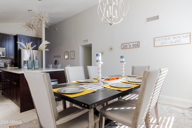 dining space with lofted ceiling and a chandelier