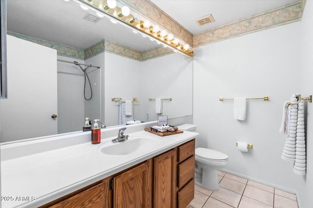full bathroom with toilet, tile patterned floors, visible vents, and a tile shower