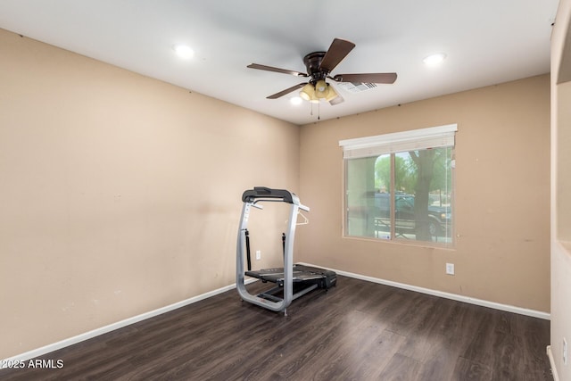 23613 W Mobile Ln, Buckeye, AZ 85326 - workout room featuring wood finished floors, ceiling fan, baseboards, and recessed lighting