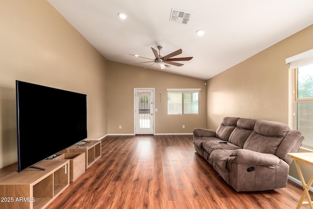 23613 W Mobile Ln, Buckeye, AZ 85326 - living room featuring ceiling fan, wood finished floors, lofted ceiling, baseboards, and recessed lighting