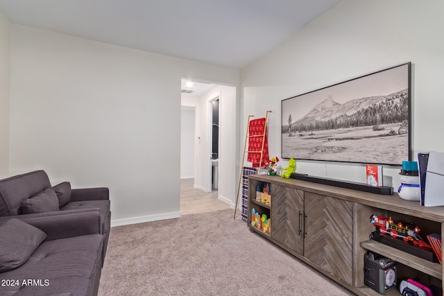 living room with light colored carpet