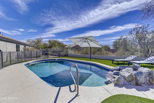 view of pool featuring a fenced in pool, a fenced backyard, and a yard