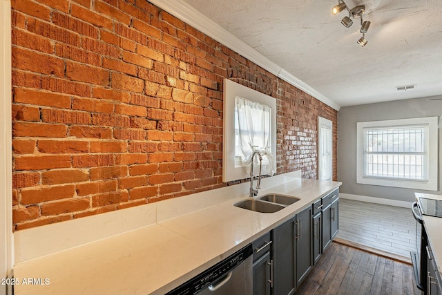 kitchen with dishwasher, sink, dark hardwood / wood-style floors, and brick wall