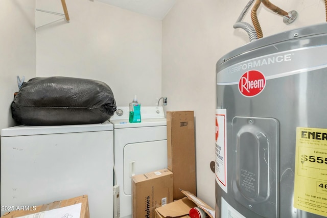 laundry room with water heater and washing machine and clothes dryer