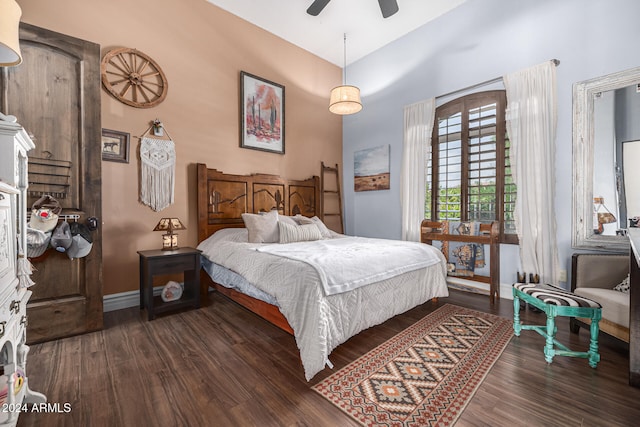 bedroom with ceiling fan and dark wood-type flooring