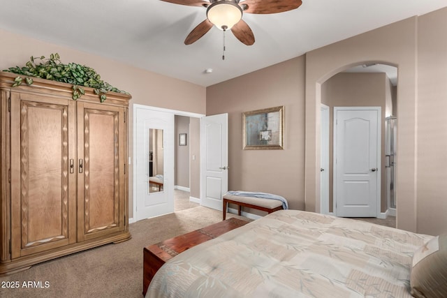 bedroom with light carpet and ceiling fan