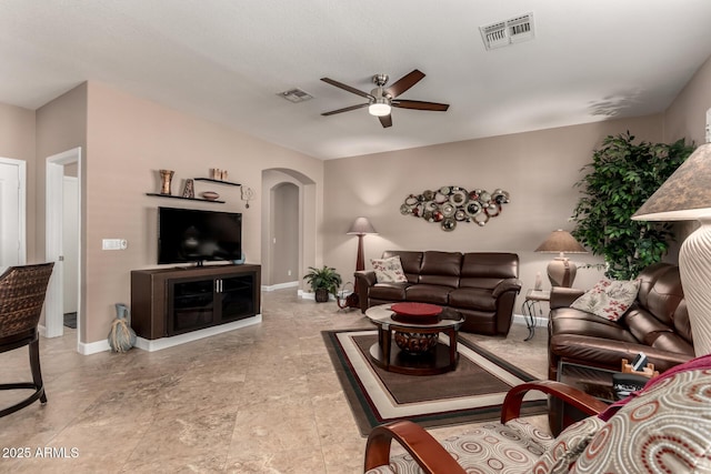 living room with ceiling fan