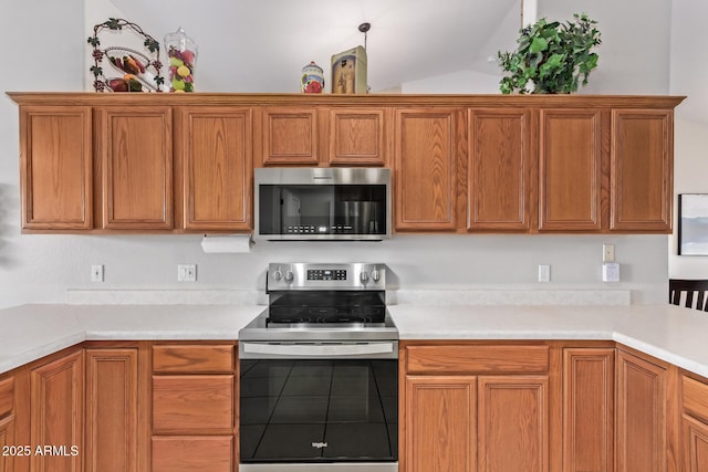 kitchen with appliances with stainless steel finishes and vaulted ceiling