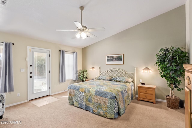 carpeted bedroom featuring lofted ceiling, access to outside, and ceiling fan