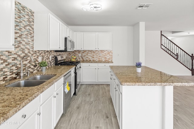 kitchen with appliances with stainless steel finishes, backsplash, sink, white cabinets, and a center island