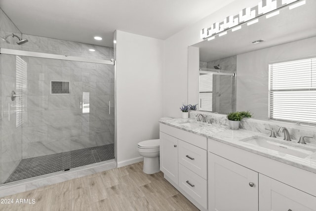 bathroom featuring hardwood / wood-style floors, vanity, toilet, and walk in shower