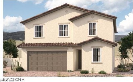 mediterranean / spanish home featuring a garage, a tiled roof, decorative driveway, and stucco siding