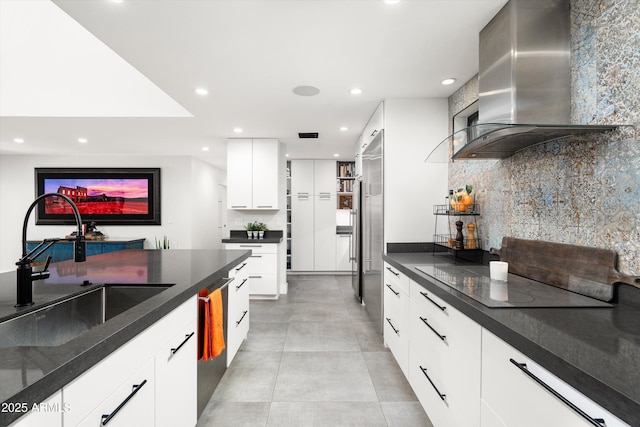 kitchen featuring stainless steel dishwasher, wall chimney exhaust hood, black electric cooktop, sink, and white cabinets