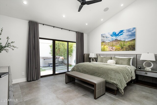 bedroom with access to exterior, vaulted ceiling, and ceiling fan